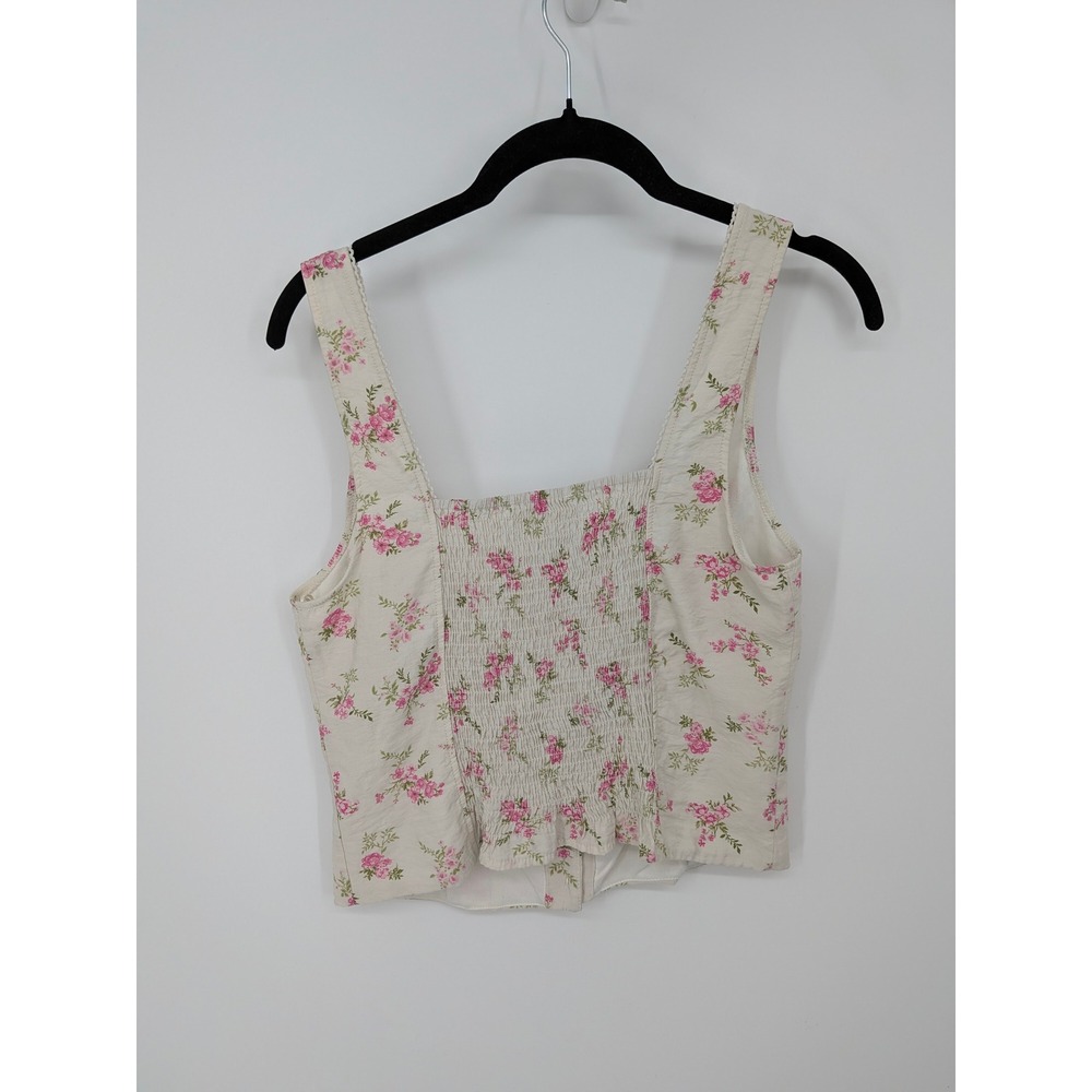 Coquette Cottagecore Top Women Large Cream Pink Floral Sleeveless Button Smocked - Picture 3 of 7